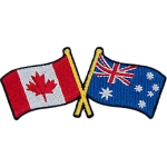 This badge displays the Canadian flag on the left and the Australia flag on the right. The flag poles of each flag are crossed with each other.
