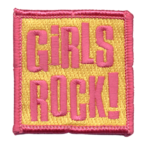 This yellow square patch has the words Girls Rock! and the border embroidered in pink. 