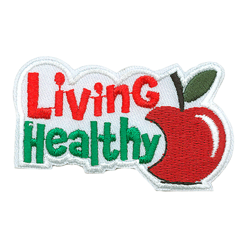An apple with a big bite out of it rests next to the words Living Healthy.