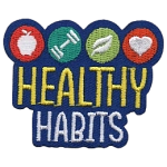 The words Healthy Habits are beneath an apple, weight, leaf and heart symbol.