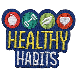 The words Healthy Habits are beneath an apple, weight, leaf and heart symbol.