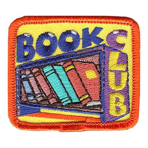 A bookshelf filled with books. The words Book Club are stitched along the top and down the side.