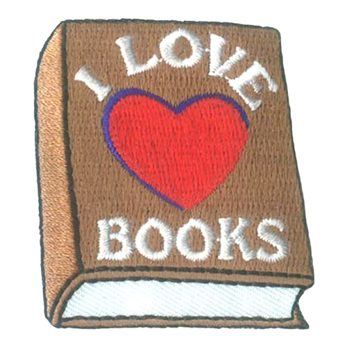 A brown book with a heart on the cover and the words I Love Books. 