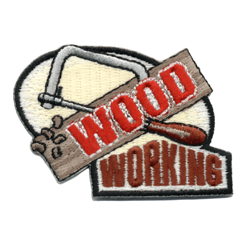 A wooden board displays the word Wood at an angle while a saw cuts into it. The word Working sits below the board.