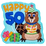 A beaver holding a birthday cake under the words Happy Beaver.