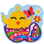 A baby chick pops out of a colourfully dyed Easter egg as a butterfly, and two flowers fill the background.