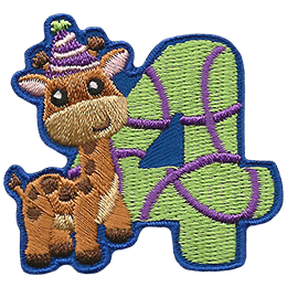 A little giraffe wearing a party hat, stands beside the number 4.