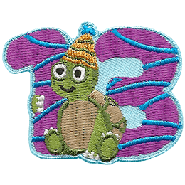 A cute, party hat wearing turtle holds tight onto the number 13.