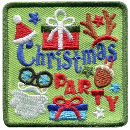 The words Christmas Party are surrounded by presents and a Santa disguise. 