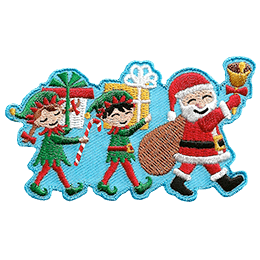 Santa and two of his elves bringing presents. Santa rings a bell to call the children of the world.