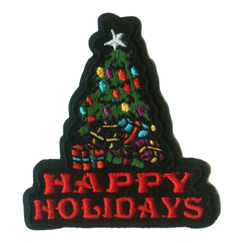 A decorated Christmas tree with presents under it above the words Happy Holidays. 