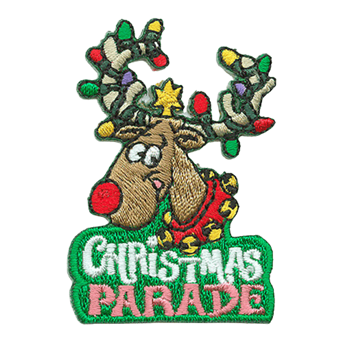 The bust of a reindeer with its antlers wrapped in lights is above the words Christmas parade.