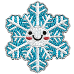 A 12-pointed snowflake has dots for eyes and a big U-shaped smile.