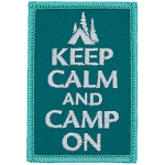 The words Keep Calm And Camp On on a green background with a silhouette of a tent.