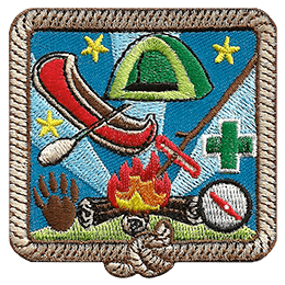 A variety of outdoor skills are displayed, such as first aid, knot tying, tracking, and navigation.