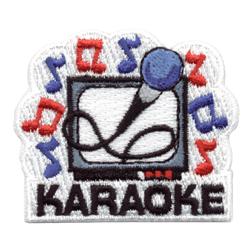 Blue and red musical notes surround a TV. A microphone is connected to the TV. The word Karaoke is written underneath the TV.