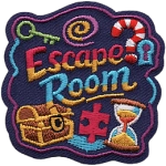 The words Escape Room are surrounded by a sand timer, chest, key and lock.