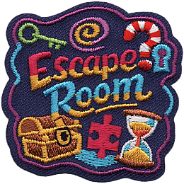 The words Escape Room are surrounded by a sand timer, chest, key and lock.