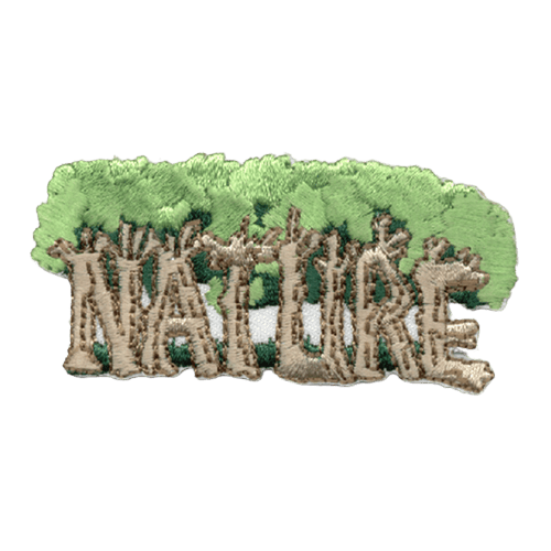 Trees spell the word Nature with their trunks. Green leaves are above them.