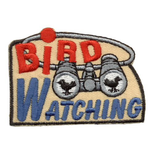 Bird Watching is printed above and below a pair of silver binoculars. There are two shadows of birds in the lenses. 