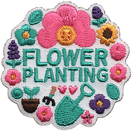 The words Flower Planting are surrounded by flowers and gardening tools.