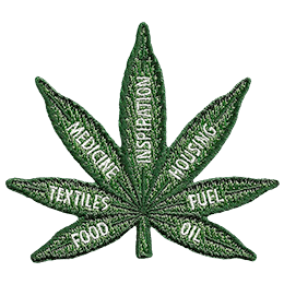 A hemp leaf is inscribed with the words: Food, Textiles, Medicine, Inspiration, Housing, Fuel, Oil.
