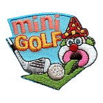 The words Mini Golf above a golf club, ball and a clown obstacle.