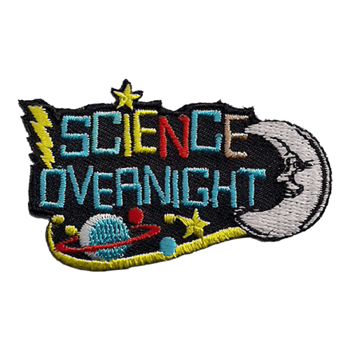 The words Science Overnight are surrounded by stars, the moon, and Saturn. Lightning strikes the O in Overnight.