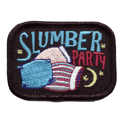 Three pillows leaning against each other underneath the words Slumber Party.