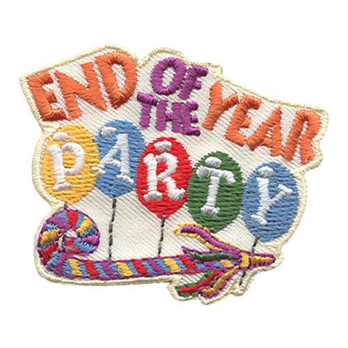 The words End of the Year sit on top of five different coloured balloons that spell Party. A rainbow-coloured noisemaker sits underneath.