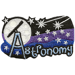 A telescope points up to the sky as shooting stars descend past other stars and a full moon.