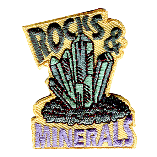 Rocks & Minerals is stitched above and below a green crystal.