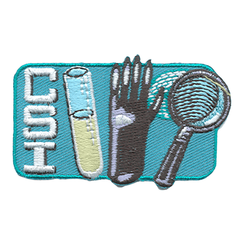 CSI is stitched at one side. A test tube, black rubber glove, fingerprint, and magnifying glass are all in a line.