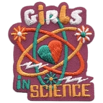 The words Girls In Science are around an atom with a heart in it.