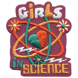The words Girls In Science are around an atom with a heart in it.
