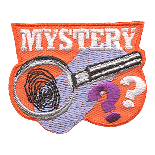 The word Mystery is stitched at the top. Two question marks are in the bottom right. A magnifying glass reveals a fingerprint.