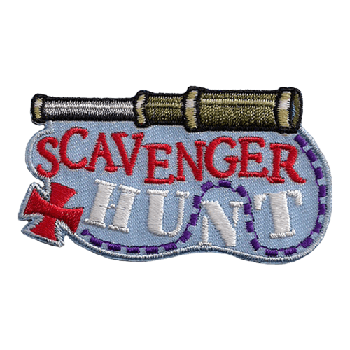 A handheld telescope rests above a dashed line that ends with a red X. Scavenger Hunt is stitched between the line and the telescope.