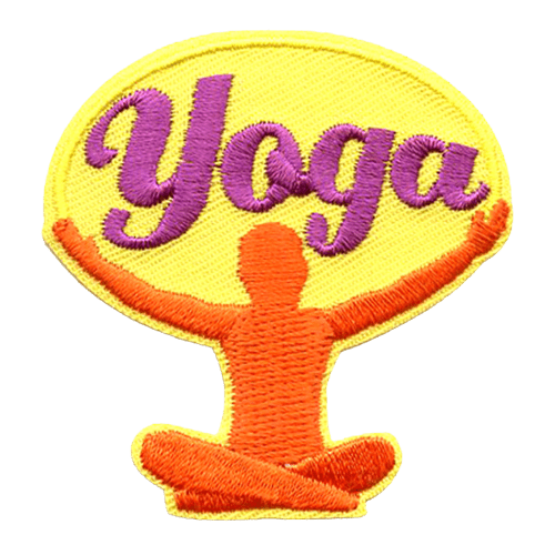 An orange silhouette of someone cross-legged with their arms open with the word Yoga above them.