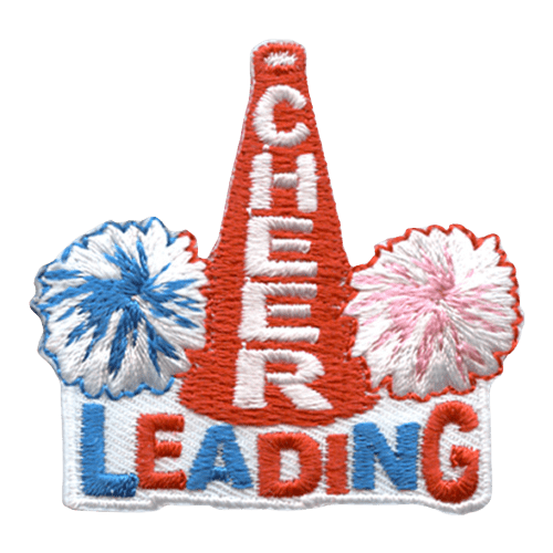 A megaphone with the word cheer on it sits between two red and blue pompoms. The word Leading is underneath them.