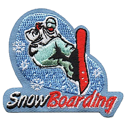 A snowboarder with a red board flies through the air above the word Snowboarding