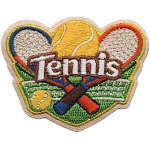 Two tennis rackets with a ball between them, above the word Tennis.
