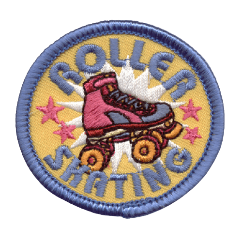 Stars surround a pink rollerskate. The words Roller Skating are stitched around the skate.