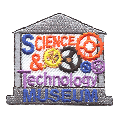 A stone building with multicoloured gears inside. The words Science & Technology Museum