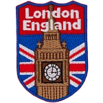 Big Ben in front of the Union Jack. The words London England are at the top.