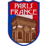 The Arc de Triomphe is in front of the French flag under the words Paris France.