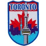 The CN Tower is in front of the Canadian flag. The name Toronto is above it.