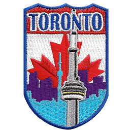 The CN Tower is in front of the Canadian flag. The name Toronto is above it.