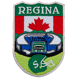 Regina is stitched above a football stadium and green helmet. The Canadian flag replaces the sky.