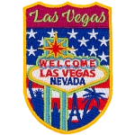 Las Vegas is stitched above a sign that says Welcome Las Vegas Nevada. The background is the USA flag.