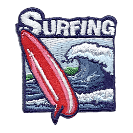A surfboard standing next to rolling waves. The word Surfing is at the top.